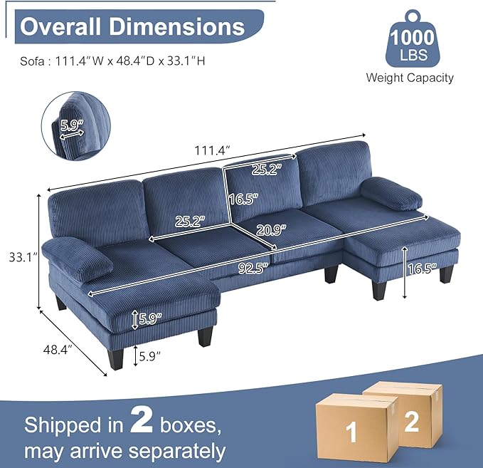 Karl home U-Shape Sectional Sofa Couch 111" Modern 4-Seat Sofa with Chaises Corduroy Fabric Upholstered Covertible Couch with Wood Grain Legs for Living Room, Reception Room, Apartment, Navy Blue-Ruum Studio Home