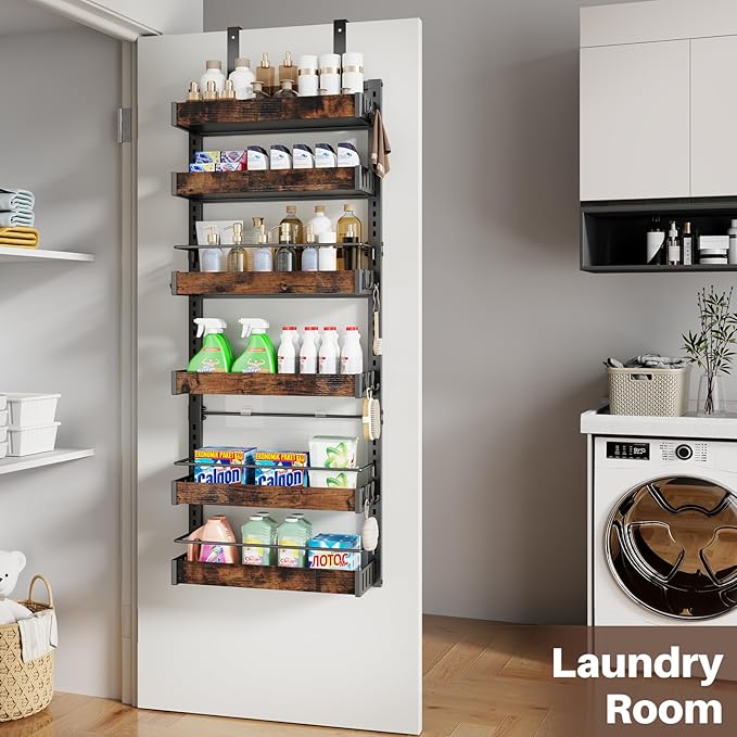 6 Tier Over The Door Pantry Organizer, 2 IN 1 Wall Mount or Metal Hanging Spice Rack for Pantry Organizers and Storage, Seasoning Shelves，Adjustable Basket with Hooks for Kitchen, Bathroom,Laundry-Ruum Studio Home
