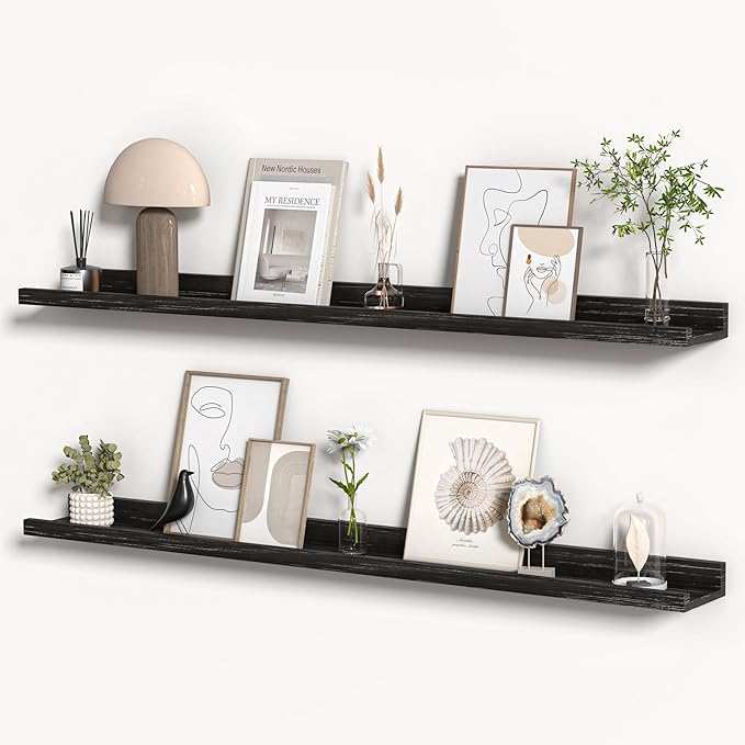 Floating Shelves for Wall, Picture Ledge Shelf 48 Inch Solid Wood Set of 2, Rustic Wall Shelves with Lip, Kids Bookshelf, Photo & Picture Live Edge Floating Shelves for Bedroom, Living Room, Kitchen-Ruum Studio Home
