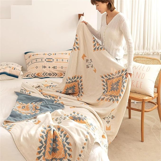 100% Cotton Throw Blankets for Couch Bed Chair Sofa,Cotton Quilt Throw Woven Boho Bed Blankets,Versatile Knit Woven Super Soft Decorative Blanket for Women,80''Wx 90''L-Ruum Studio Home