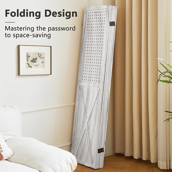 6 Panel Pegboard Room Divider, 5.6Ft Pegboard Display Folding Privacy Screens, Wood Room Divider Peg Board Display Freestanding for Trade Show Craft Show Home Wall Organizer, Retro White-Ruum Studio Home