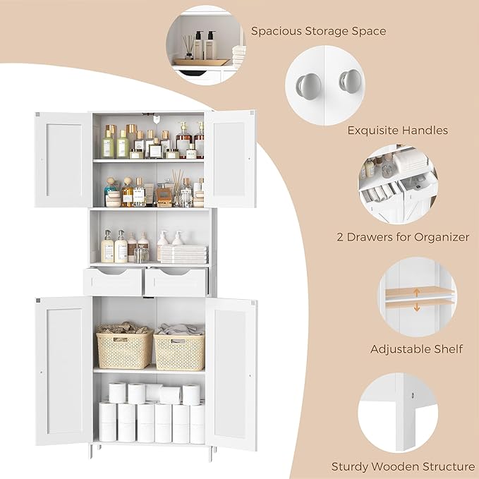 ANWBROAD 67” Bathroom Storage Cabinet Tall Storage Cabinet with Adjustable Shelves and Drawers Freestanding for Bathroom Kitchen Pantry Living Room Cabinet USBC002W-Ruum Studio Home