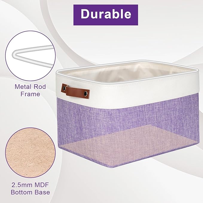 Storage Bins Large Fabric Storage Baskets for Shelves 3 Pack, Decorative Linen Closet Baskets with Handles for Organizing, Shelf, Clothes, Home, Office, 15x11x9.5Inches (Purple&White)-Ruum Studio Home