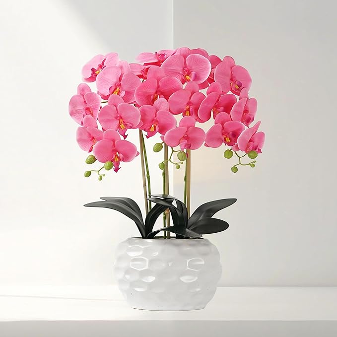 Orchid Artificial Flowers with White Vase Large Silk Faux Phalaenopsis Flowers for Dining Room Table Floral Centerpieces Indoor Decoration,Fuchsia-Ruum Studio Home