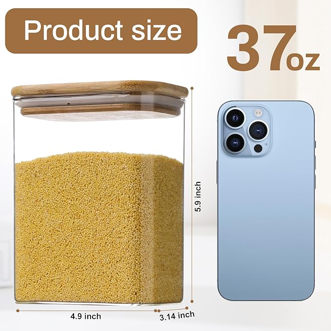 Liuruiyu Glass Storage Jars 12 * 8cm [Set of 6],Clear Glass Food Storage Containers with Airtight Bamboo Lid Stackable Kitchen Canisters for Candy,Cookie,Rice,Sugar,Flour,Pasta(Square)-Ruum Studio Home