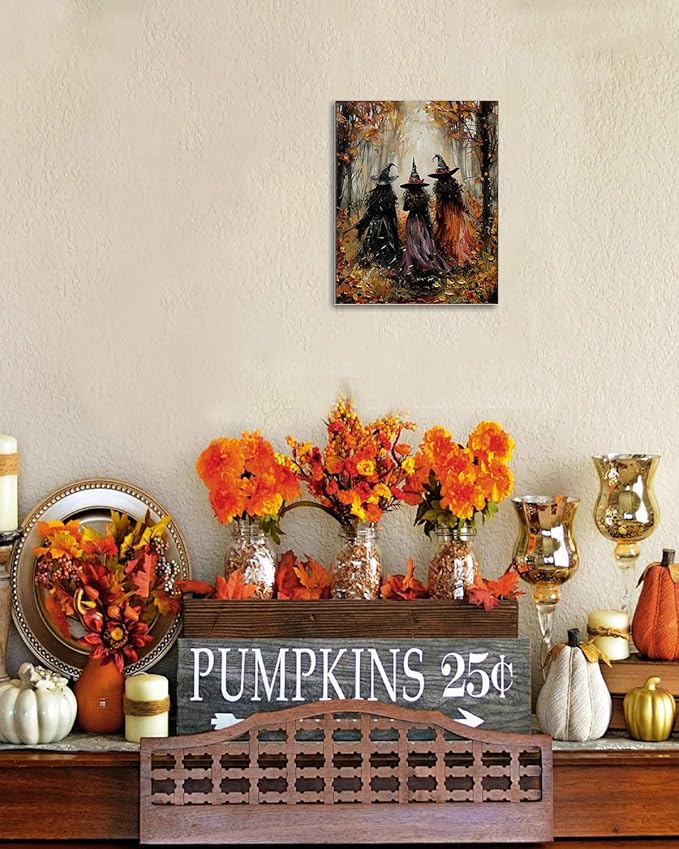Halloween Canvas Wall Art, Vintage Three Witches Poster, Gothic Dark Academia Wall Decor, Spooky Halloween Decor for Living Room, Bedroom & Bathroom, Framed Fall Decorations Indoor-Ruum Studio Home