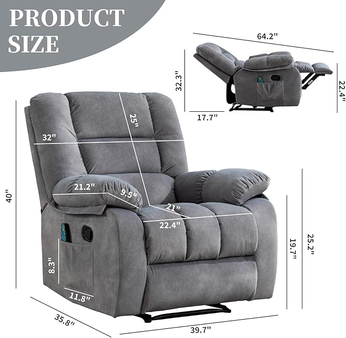Massage Recliner Chair with Heat and Massage, Soft Fabric Ergonomic Manual Reclining Chairs, Heavy Duty Reclining Sofa Chair with Side Pockets for Living Room (Light Grey)-Ruum Studio Home