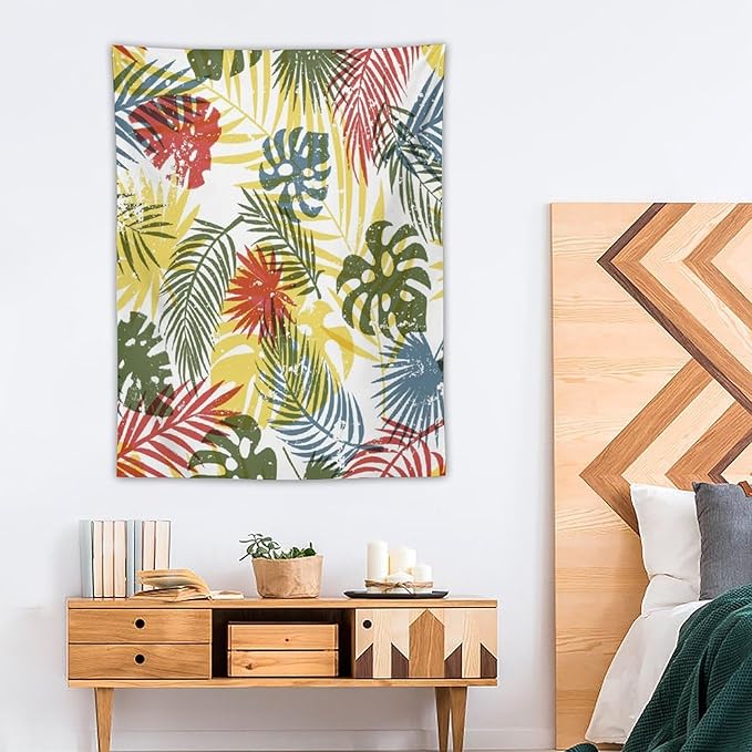 ICMOLYYENLO Boho Green Leaves Tapestry, Mid Century Abstract Tropical Palm Leaves Modern Minimalist Geometric Wall Hanging, Neutral Home Decor Art for Living Room Bedroom Dorm 50x60 Inch-Ruum Studio Home