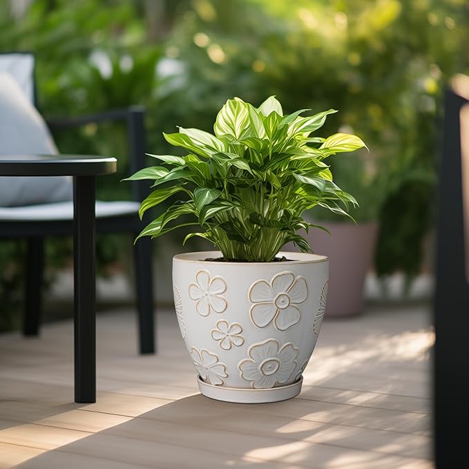 10 Inch Ceramic Planter Pot Large Plant Pot for Indoor Plants Outdoor Round Flower Pot with Drainage Hole and Saucer for Home Garden Decor White-Ruum Studio Home