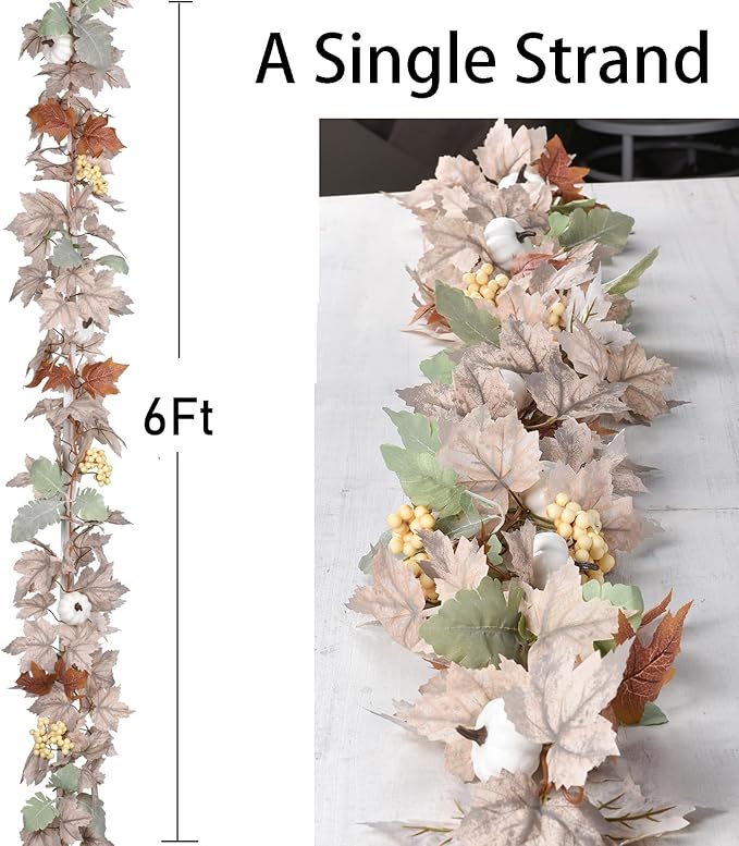 DearHouse Pumpkin Fall Maple Leaf Garland, 6Ft Hanging Vine White Maple Garland Artificial Autumn Foliage Thanksgiving Decor for Home Wedding Fireplace Party Christmas-Ruum Studio Home