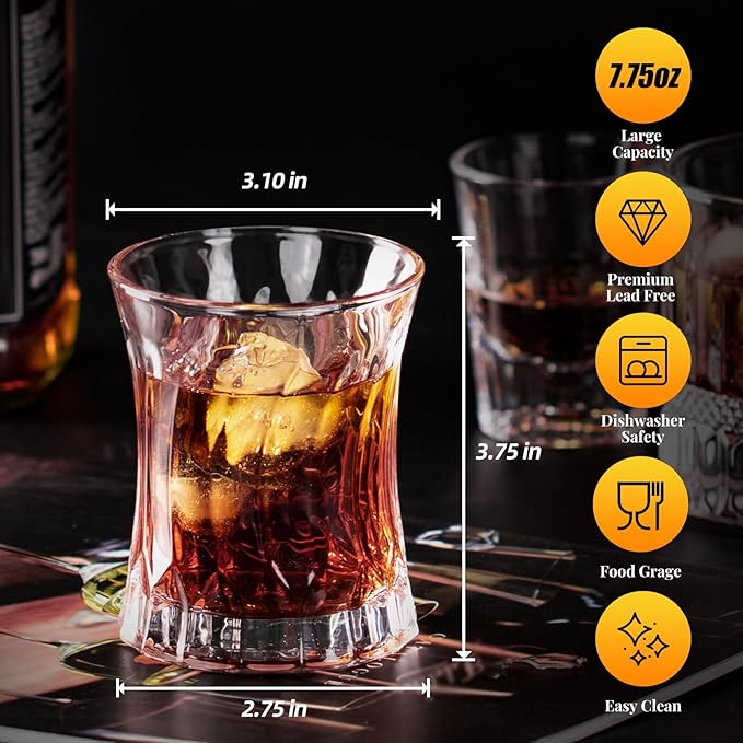 KAMMAK Whiskey Glass 7.75oz Set of 2, Old Fashioned Glass for Scotch, Cocktails, Rum, Shot Glasses Vodka in Bar And Party Gifts for Men, Whisky Lovers, Wedding, Anniversary, Birthday-Ruum Studio Home