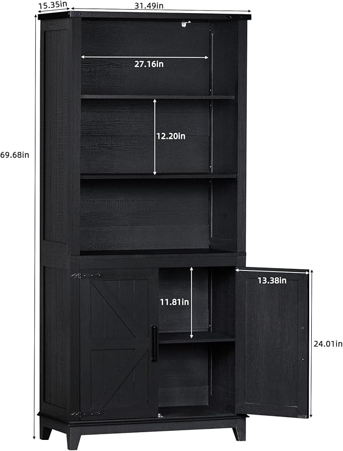 70in Tall Bookshelf 5 Tier Bookcase with Barn Doors and Adjustable Shelves, Black Farmhouse Book Shelf with Storage Cabinet, Wood Freestanding Display Bookshelves for Bedroom, Kitchen (2PCS)-Ruum Studio Home