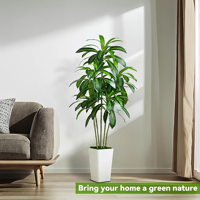 Artificial Dracaena Tree Artificial Silk Tree Faux Tree with White Tall Planter Fake Tropical Yucca Floor Plant (1, White Tall Planter, 5 FT)-Ruum Studio Home