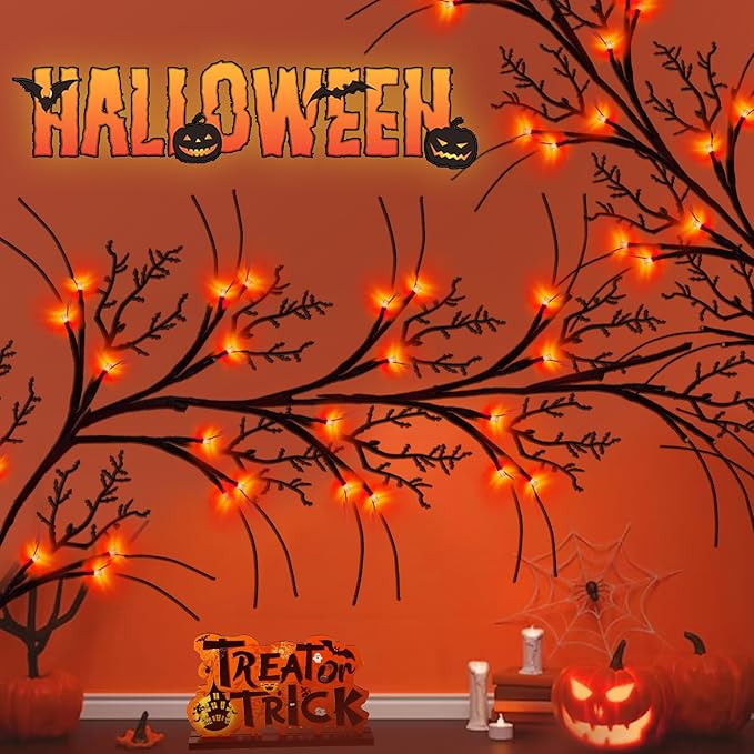 9 FT 72LED Halloween Willow Vine Twig Decor Branches Garland with Lights - 8 Modes Timer - Waterproof Battery Operated for Indoor Wall Fireplace Halloween Decorations-Ruum Studio Home