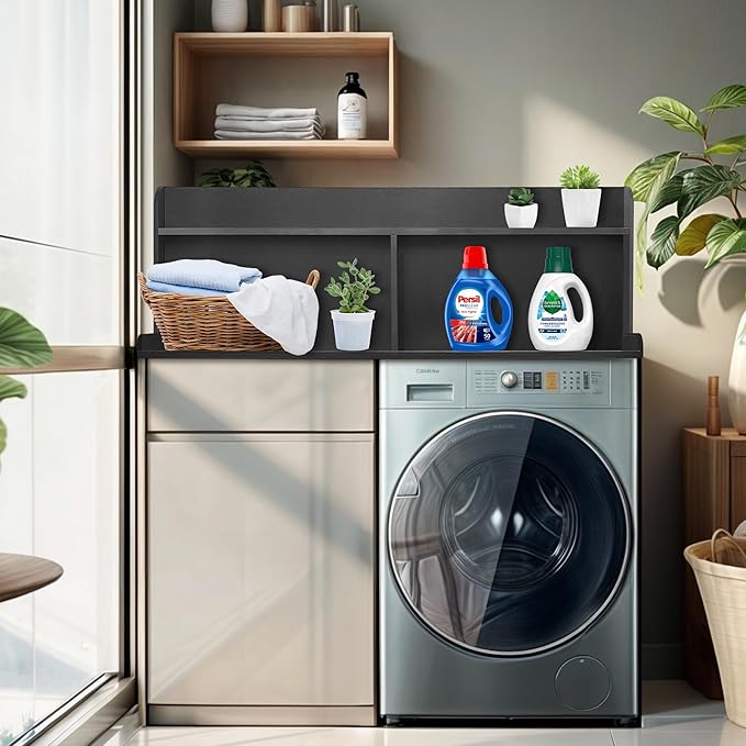 Royxen 2-Tier Washer Dryer Countertop,19.5"H Wood Washer and Dryer Topper with Storage Shelf,Laundry Countertop Over Washer Machine, Universal Fit for Laundry Room Organization (Black, 54"W X 27.5"D)-Ruum Studio Home