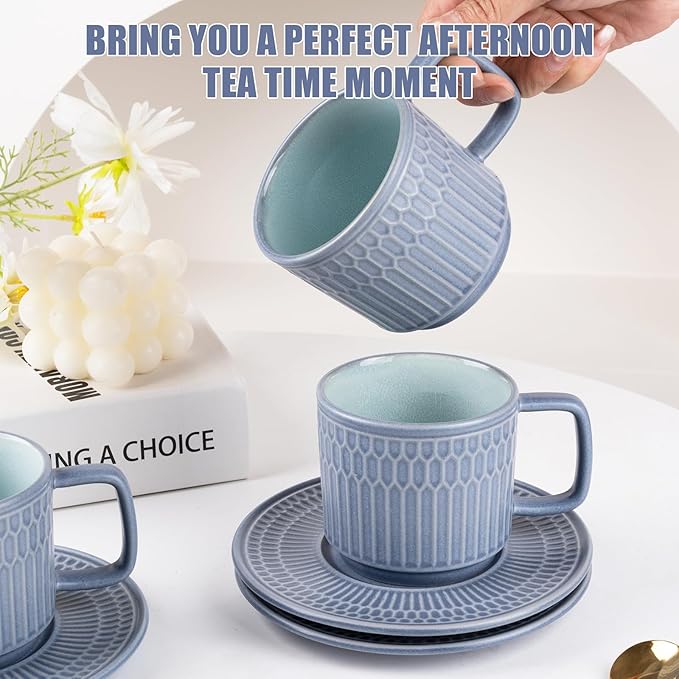 Large Cappuccino Cups with Saucers Set of 4, 8 Ounce Stackable Embossed Ceramic Coffee Mugs for Specialty Coffee Drinks, Latte, Cafe Mocha and Tea, Dishwasher & Microwave Safe (Blue)-Ruum Studio Home