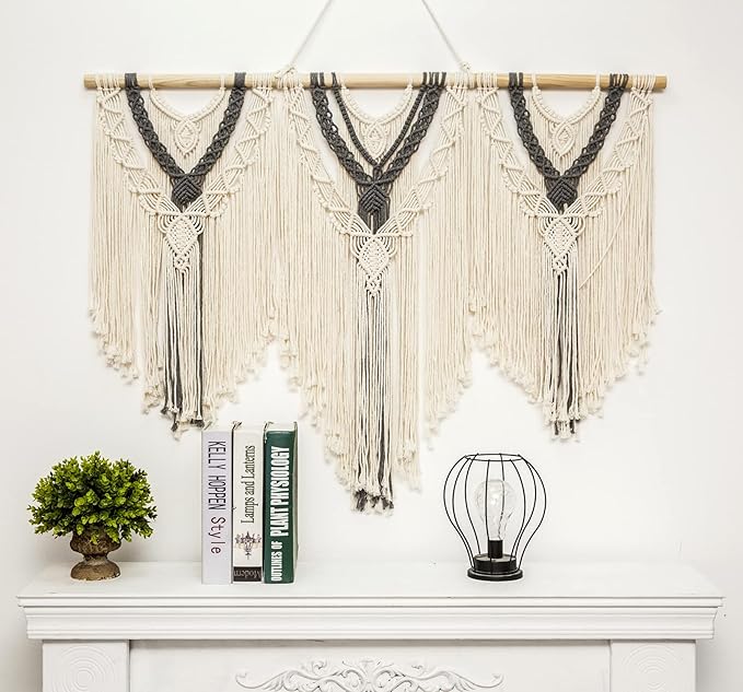 guzhiou large macrame wall hanging - Boho Tapestry Macrame Wall Decor Art- Chic Bohemian Handmade Woven Tapestry Home Decoration for Bedroom Living Room Apartment Wedding Party - 43"x32" (Beige-grey)-Ruum Studio Home