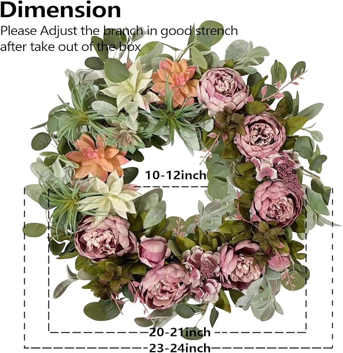 WANNA-CUL 24 Inch Spring Peony Wreaths for Front Door,Succulent Summer Wreath with Pink Peony Floral, Spring Front Door Decor with Succulent Arrangement Decoration-Ruum Studio Home