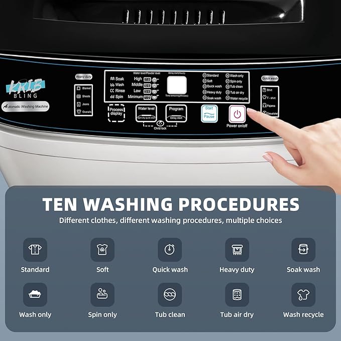 Portable Washing Machine 2.3 Cu. Ft. Full-Automatic Compact Washer Machine for Apartment, 10 Wash Program Small Portable Washer for Dorm, Apartment, RV, Home, Silver-Ruum Studio Home