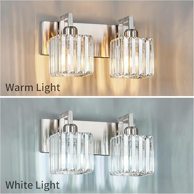 Modern Bathroom Vanity Light 2-Lights Brushed Nickel Vanity Light Crystal Wall Light Bathroom Light Fixtures-Ruum Studio Home