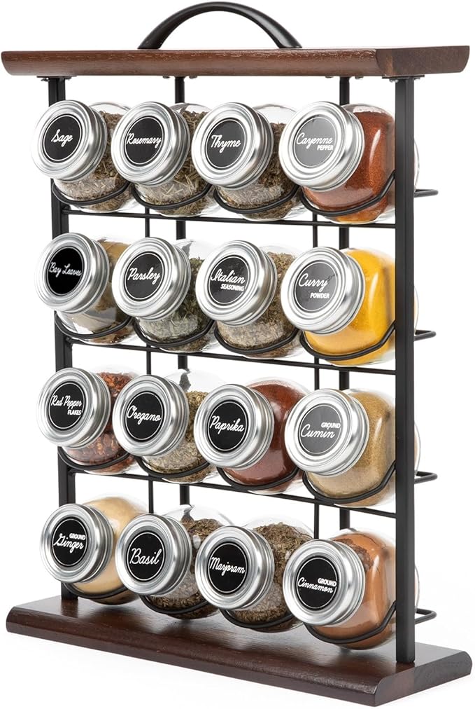 Orii 16 Jar Acacia Wood & Metal Wire Spice Rack with Spices Included, Storage for Spices and Seasoning, Black & Brown-Ruum Studio Home