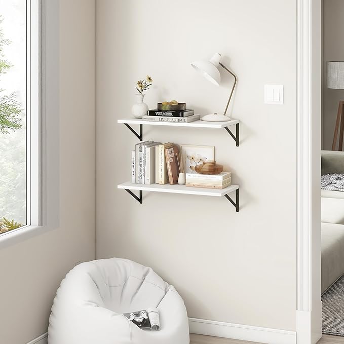 Fun Memories 27.5" W x12 D Floating Shelves, White Wall Shelf with Brackets, 12 Inch Deep Floating Shelf Set of 2, Large Storage Kitchen Living Room Bathroom Shelves, Wood Wall Mounted Shelf-Ruum Studio Home