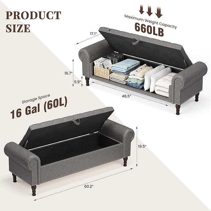 YOUDENOVAn 60”Bench with Storage, Upholstered Tufted Button Window Bench with Plenty Hidden Storage Space,Faux Leather Ottoman Bench for Bedroom, Living Room, Entryway，Grey-Ruum Studio Home