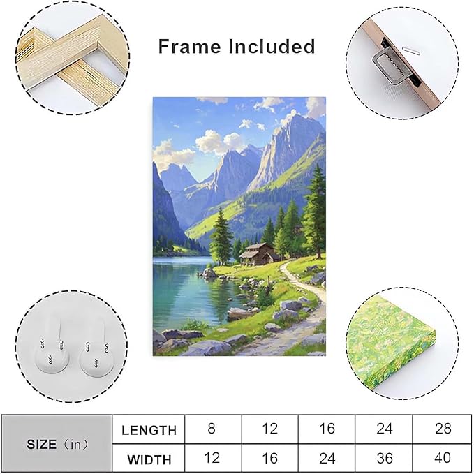 Landscape wall painting of mountain forest lakeside cabin under blue sky and white clouds natural oil painting poster suitable for living room bedroom office-Ruum Studio Home
