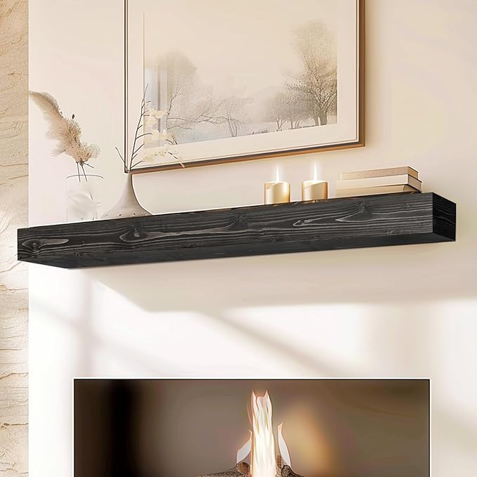 60x8x5 Fireplace Mantel - Handcrafted Hollow Rustic Solid Wood Wall Mounted Floating Shelf with Invisible Heavy Duty Wood Bracket (Weathered Black)-Ruum Studio Home