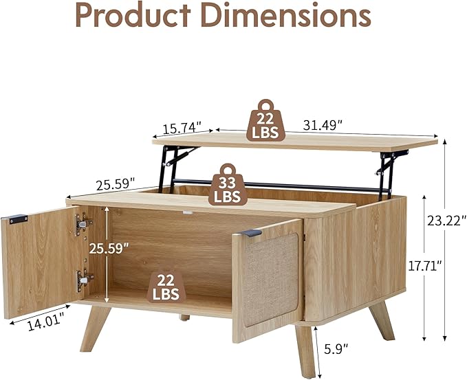 AVZEAR Wood Lift Top Coffee Table with Storage, Boho Modern Coffee Table with Nature Linen Doors & Large Hidden Storage, Rounded Corners Center Table Farmhouse Coffee Tables for Living Room, Natural-Ruum Studio Home