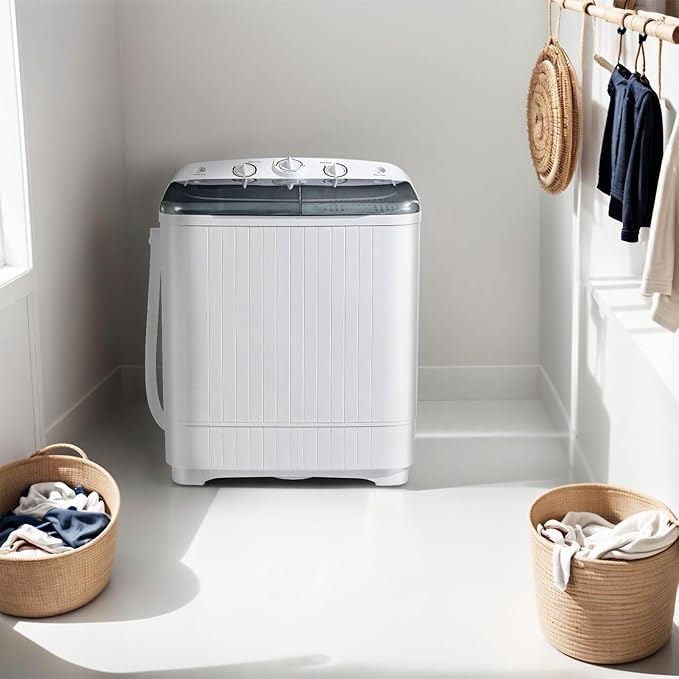 Portable Mini Twin Tub 22lbs Washing Machine With Drying Rack& 10 Hangers, 13lbs Washer & 9lbs Spinner, Small Laundry Washer with Time Control for Camping, Apartments, RV (22lbs)-Ruum Studio Home