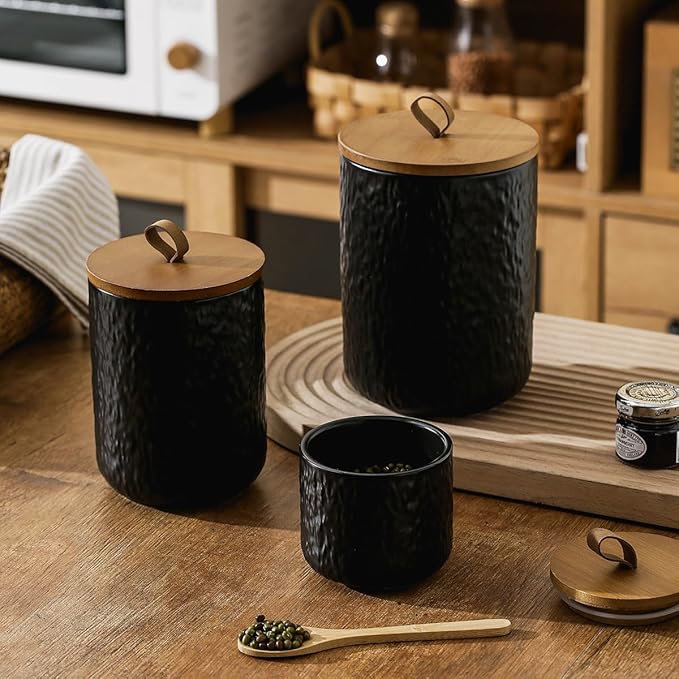 Black White Ceramic Coffee Canister Tea Canister with Seal Wood Lid, Airtight Coffee Storage Container for Coffee Bean, Ground Coffee, Sugar, Cookie Candy jar (Black three piece)-Ruum Studio Home