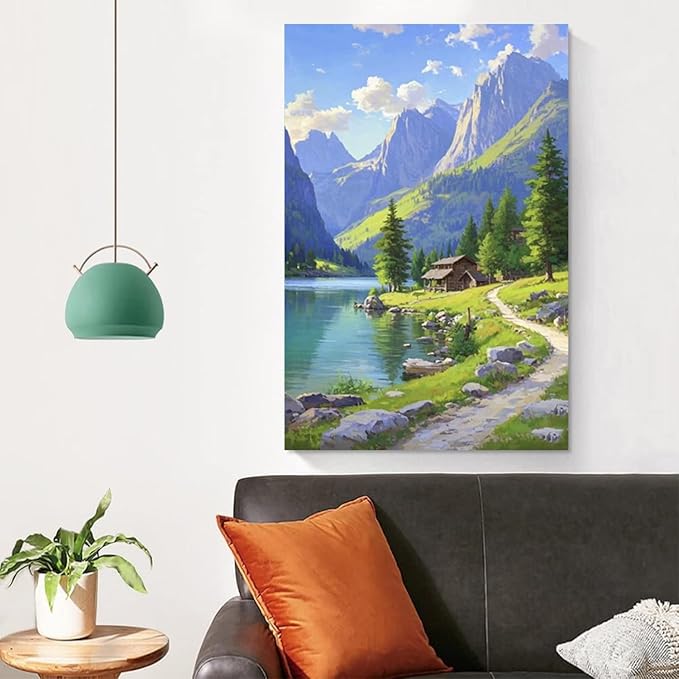 Landscape wall painting of mountain forest lakeside cabin under blue sky and white clouds natural oil painting poster suitable for living room bedroom office-Ruum Studio Home