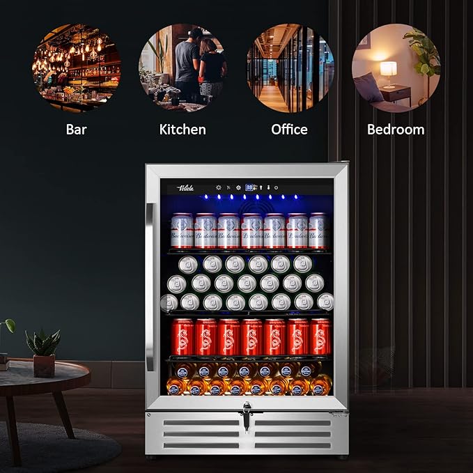 24 Inch Beverage Refrigerator Cooler,210 Cans Wide Beverage and Beer Fridge with Glass Door and Powerful Cooling Compressor, Built-in/Freestanding Drink Fridge for Kitchen, Bar or Office-Ruum Studio Home