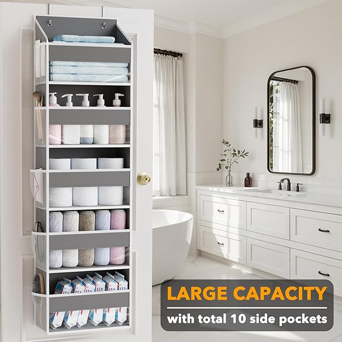 SpaceAid 1 Pack Over The Door Organizer with 5 Large Pockets and 10 Mesh Side Pockets, 5 Layers Door Organizer Hanging with Clear Window for Bedroom, Bathroom, Pantry and Nursery, Gray-Ruum Studio Home