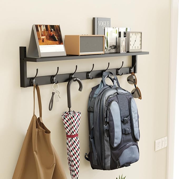 BAMEOS 35 Inch Wall Hooks With Shelf - Entryway Hanging Wood Coat Rack With 7 Dual Hooks for Bathroom, Living Room, Bedroom (Black)-Ruum Studio Home