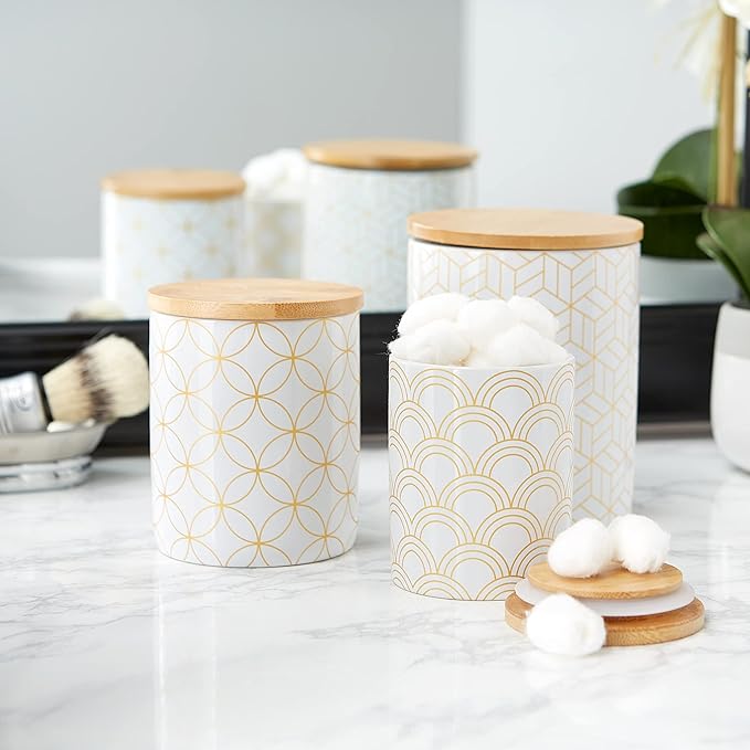 DII Kitchen Ceramics Collection, Canister Set, Mixed Print, White/Gold, 3 Piece-Ruum Studio Home