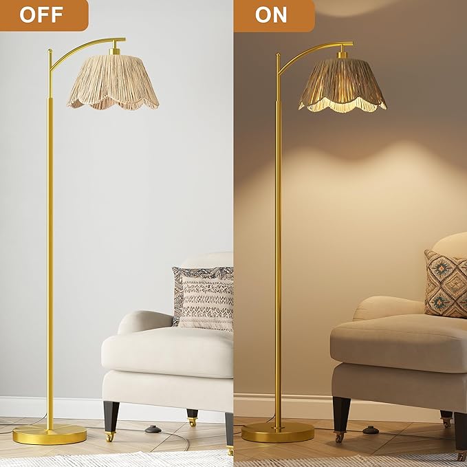 Oneach Arc Floor Lamp for Living Room,Rattan Boho Floor Lamp with Hand-Woven Wicker Shade, Foot Switch,Gold Metal Base & Pole,Farmhouse Standing Lamp for Bedroom Corner,Reading-Ruum Studio Home