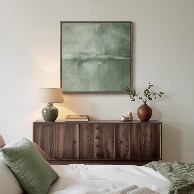 Framed Sage Green Abstract Wall Art, Modern Canvas Prints Artwork for Walls, Square Minimalist All Green Abstract Pictures for Living Room, Hallway, Fireplace, Bedroom, Home Office Wall Decor 30x30 In-Ruum Studio Home