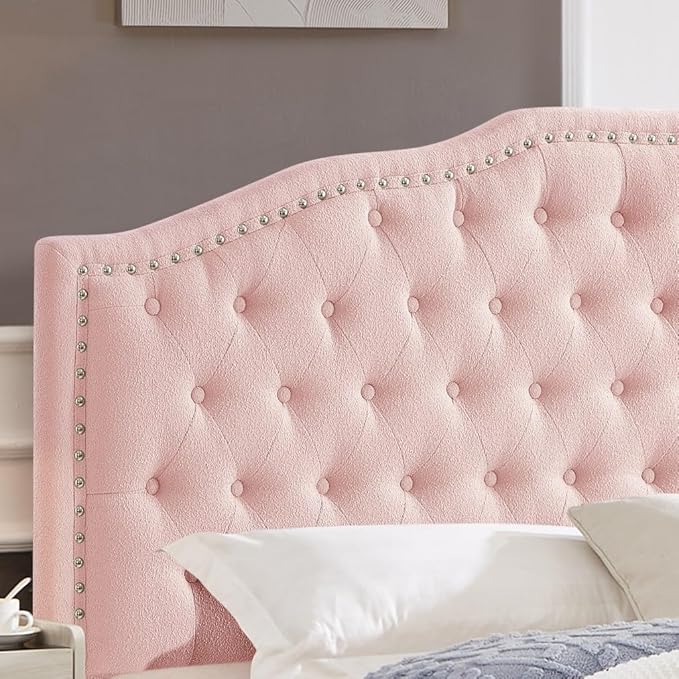24KF Upholstered Button Tufted Queen Headboard with Nailhead Trim, Elegant Boucle Fabric Full headboard, 6031-Q-Boucle-Pink-Ruum Studio Home