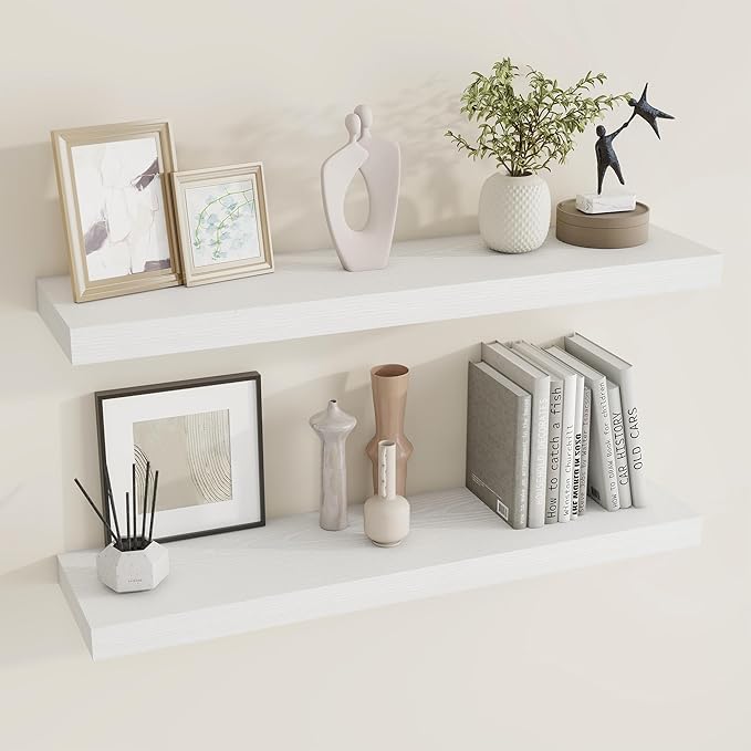 36 inch Floating Shelves Wall Shelves for Office with Invisible Brackets, 8 inch Deep Shelves for Bathroom, Living Room, Kitchen, Office, 36x7.9 inch deep Set of 2, White-Ruum Studio Home
