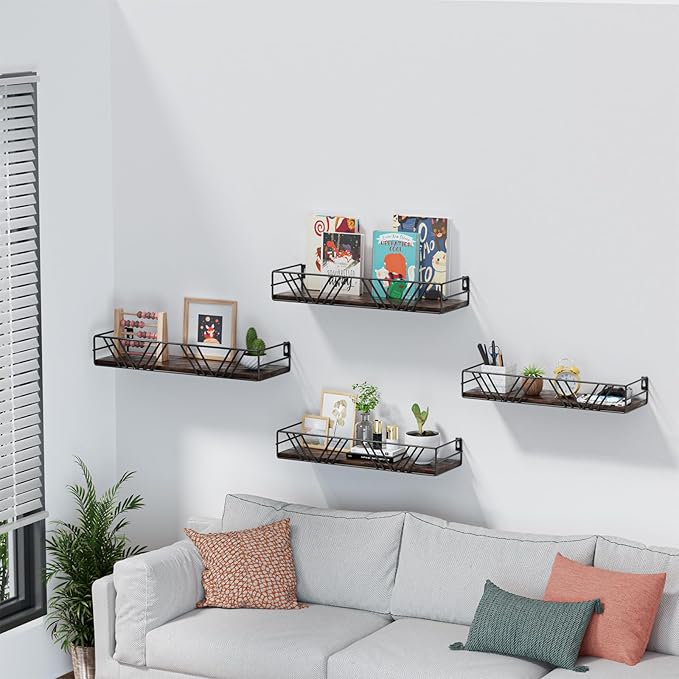 Floating Shelves for Wall Set of 4, Different Sizes Mounted Wood Floating Shelf, Wall Shelves for Living Room, Bedroom, Bathroom, Kitchen, Farmhouse Decor, Office-Ruum Studio Home