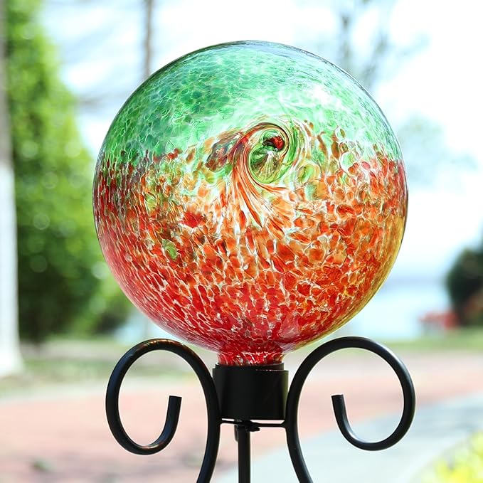 VCUTEKA Gazing Ball, Glass Gazing Balls Sphere for Garden Lawn Outdoor Ornament Yard Decorative, Red Swirl, 10"-Ruum Studio Home