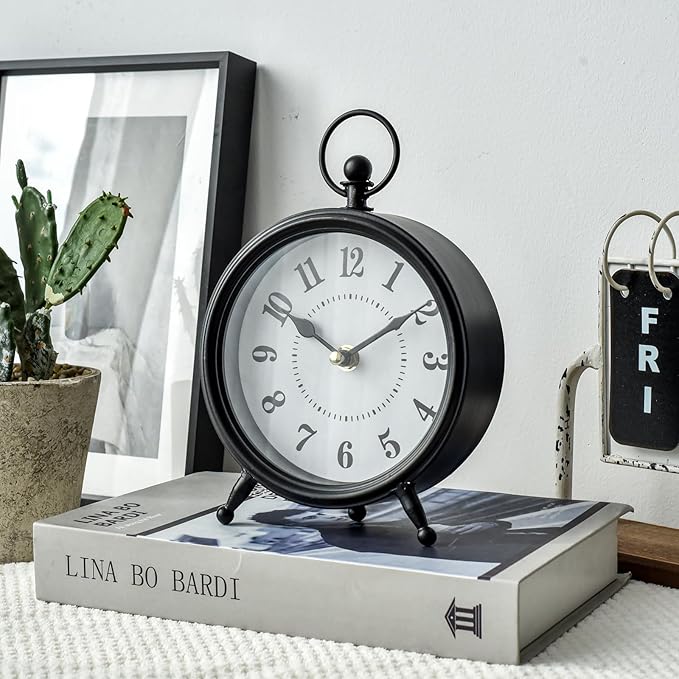 Vintage Non-Ticking Black Table Clock with Stand, Decorative Clock for Desk and Shelf, Rustic Farmhouse Style Mantel Timepiece-Ruum Studio Home