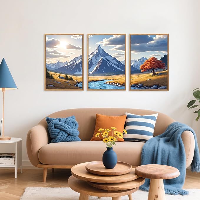 HPNIUB Landscape Mountain Wall Art Set, Rustic River Sunrise Pine Tree Forest Nature Scenry Wilderness Art Print, Farmhouse Grassland Modern Sky Decorative for Living Room, Bedroom, Office-16 x24 x3-Ruum Studio Home