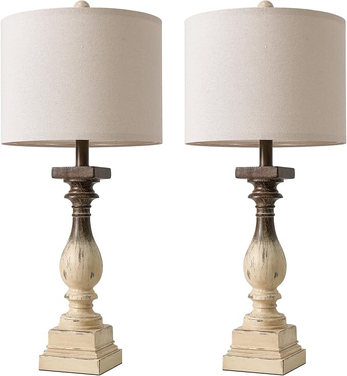 BOBOMOMO 27" Farmhouse Table Lamps with USB-A +C Ports, Vintage Rustic Side Table Lamps Set of 2, Linen Shade, Retro Bedside Night Stand Lamps for Living Room, Bedroom, Office, Home Decor-Ruum Studio Home