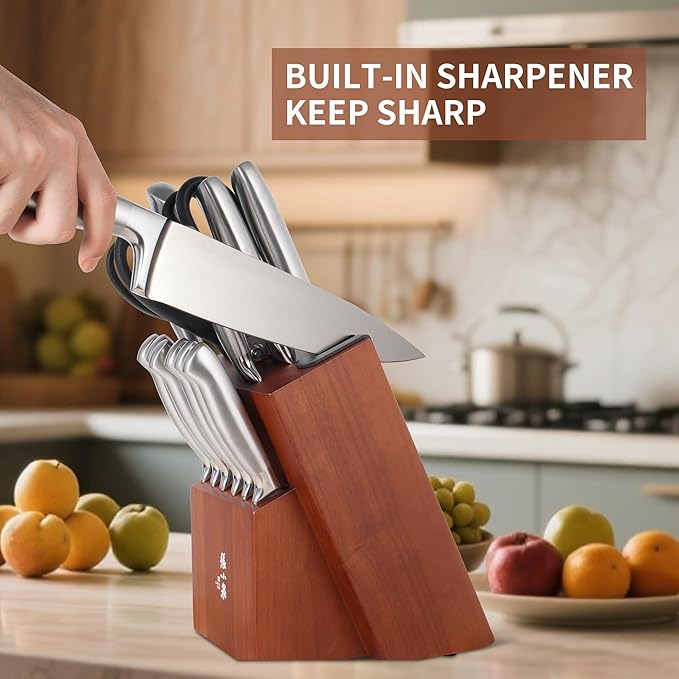 ZHANG XIAO QUAN SINCE 1628 15Pcs Knife Block Set,kitchen knife set with Built-in Sharpener Razor-Sharp High Carbon Stainless Steel Dishwasher Safe(Silver)-Ruum Studio Home
