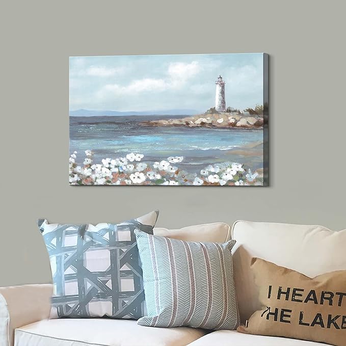 cozy country Lighthouse Wall Art 36"x24" - Coastal Pictures Beach Canvas Ocean Decor - Nautical Artwork Seascape Hand Painting for Bedroom, Sea House-Ruum Studio Home