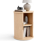LINSY HOME Round Fluted End Table, Tall Side Table with Sliding Tambour Door and Storage Shelf, Modern Bedside Table, Mid-Century Nightstand for Living Room, Bedroom, Oak-Ruum Studio Home