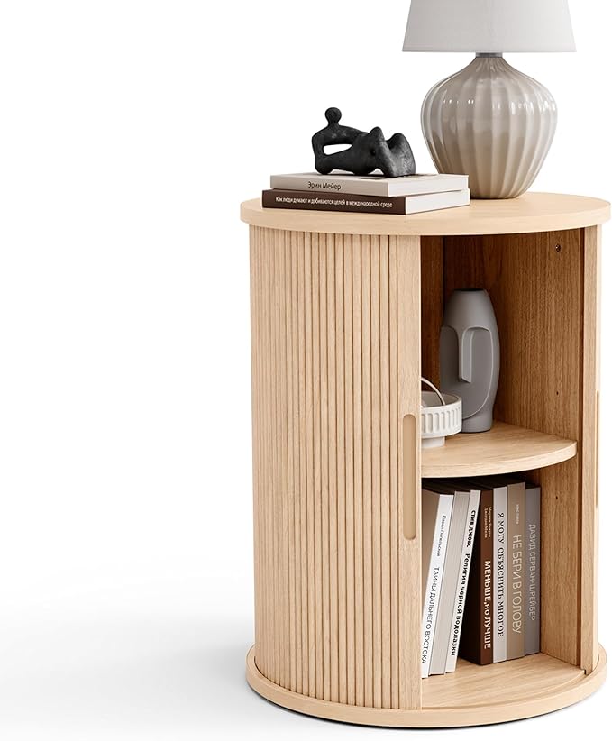 LINSY HOME Round Fluted End Table, Tall Side Table with Sliding Tambour Door and Storage Shelf, Modern Bedside Table, Mid-Century Nightstand for Living Room, Bedroom, Oak-Ruum Studio Home